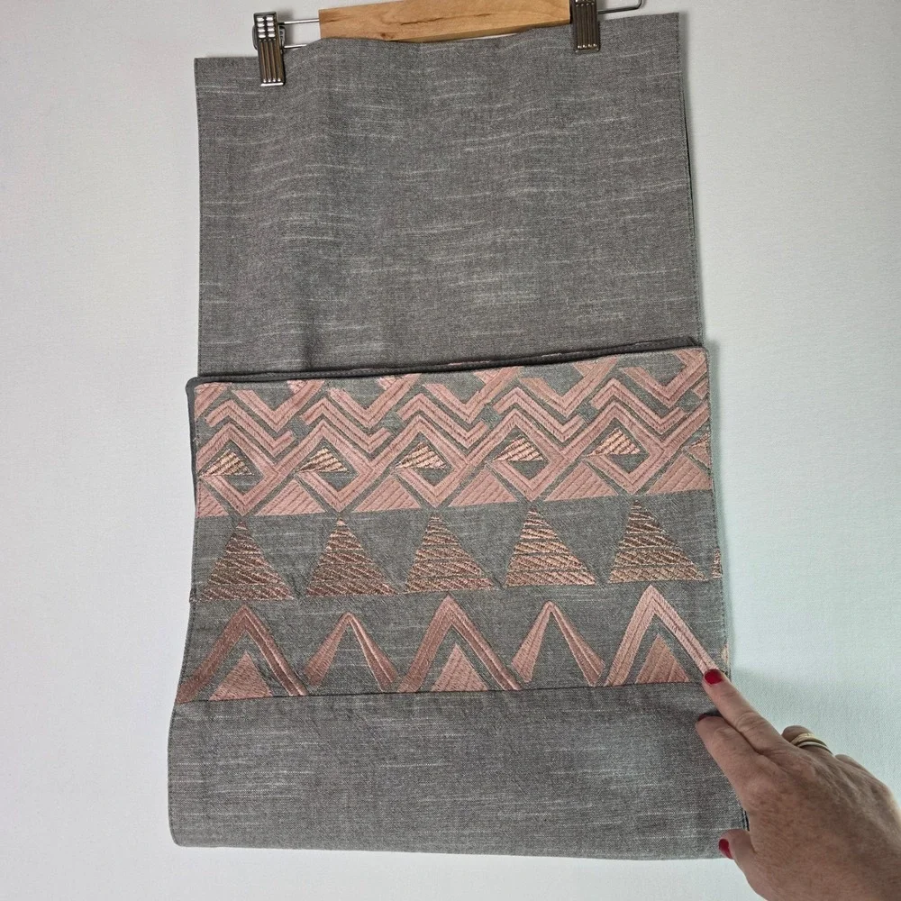 Modern Geometric Embroidered Table Runner Charcoal Gray Copper‎ Rose Pink 72x14